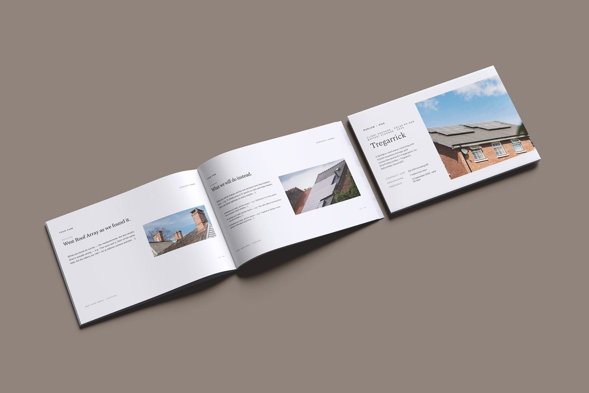 Solar and Battery Client Package, Ivory colourway, cover and inside spread mockup
