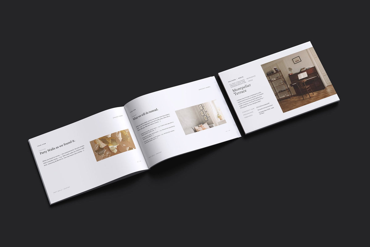 Soundproofing Client Package, Ivory colourway, cover and inside spread mockup