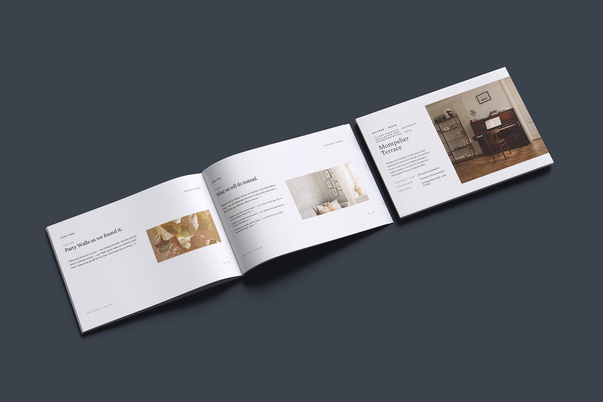 Soundproofing Client Package, Standard colourway, cover and inside spread mockup