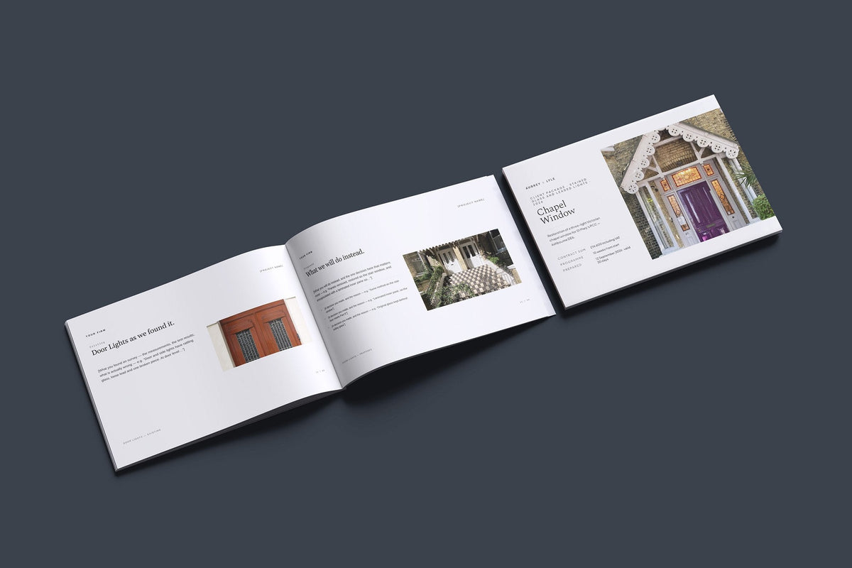 Stained Glass and Leaded Lights Client Package, Ivory colourway, cover and inside spread mockup