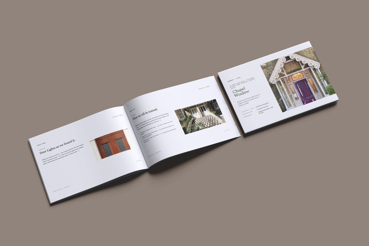 Stained Glass and Leaded Lights Client Package, Slate colourway, cover and inside spread mockup