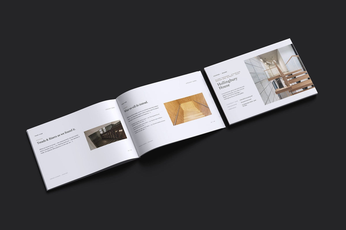 Staircase Client Package, Slate colourway, cover and inside spread mockup