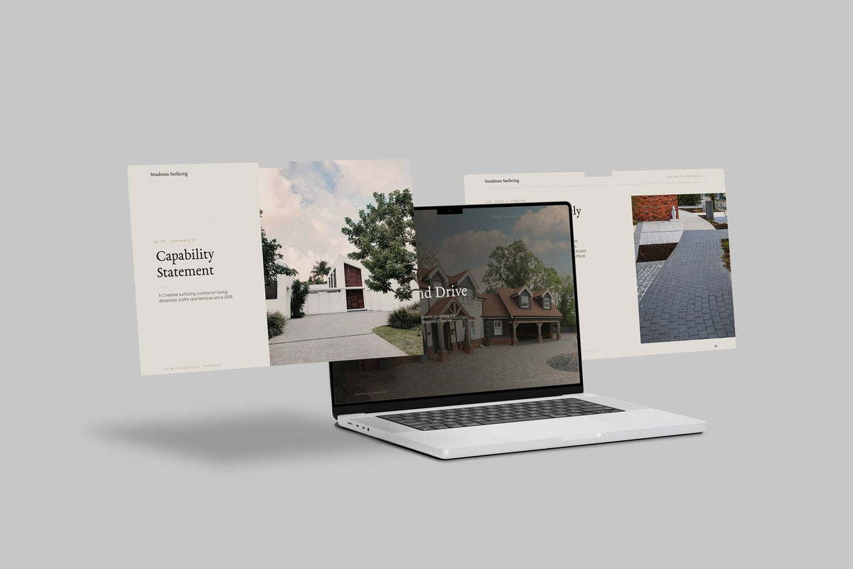 Driveway & Surfacing Contractor Project Pack in PowerPoint, shown on laptop screens