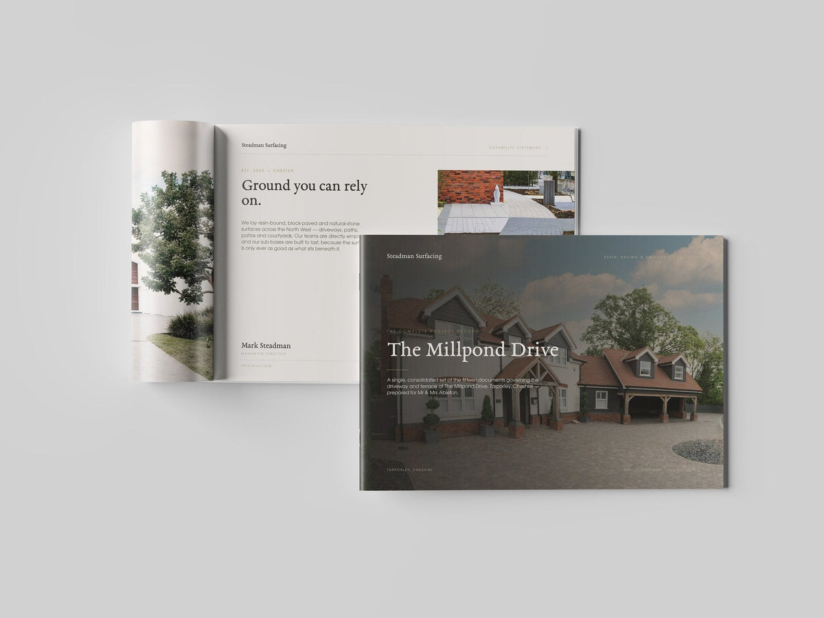 Driveway & Surfacing Contractor Project Pack in PowerPoint, printed and open at an inside page