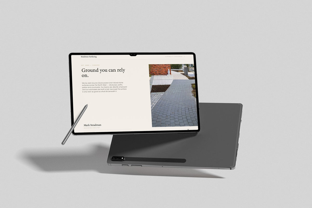 Driveway & Surfacing Contractor Project Pack in PowerPoint, inside pages shown on a tablet