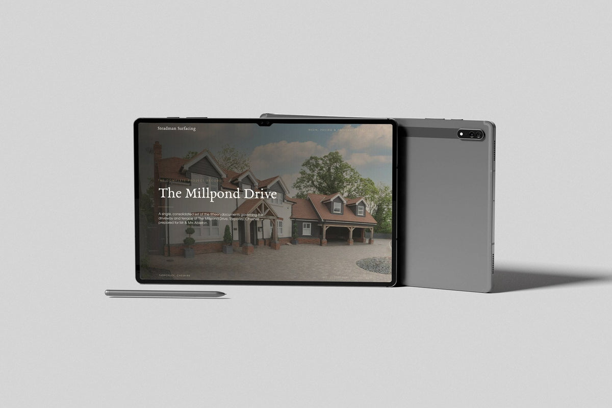 Driveway & Surfacing Contractor Project Pack in PowerPoint, shown on a tablet