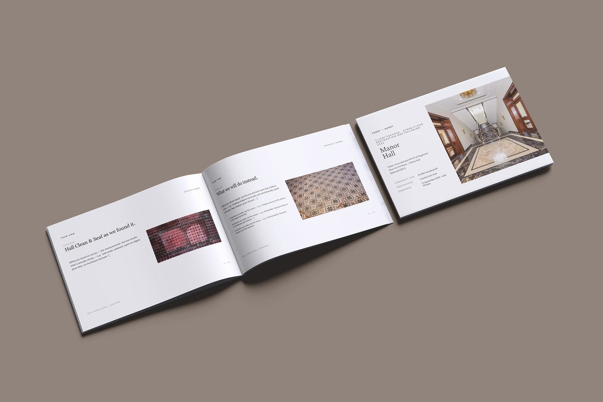 Stone Floor Restoration Client Package, Ivory colourway, cover and inside spread mockup