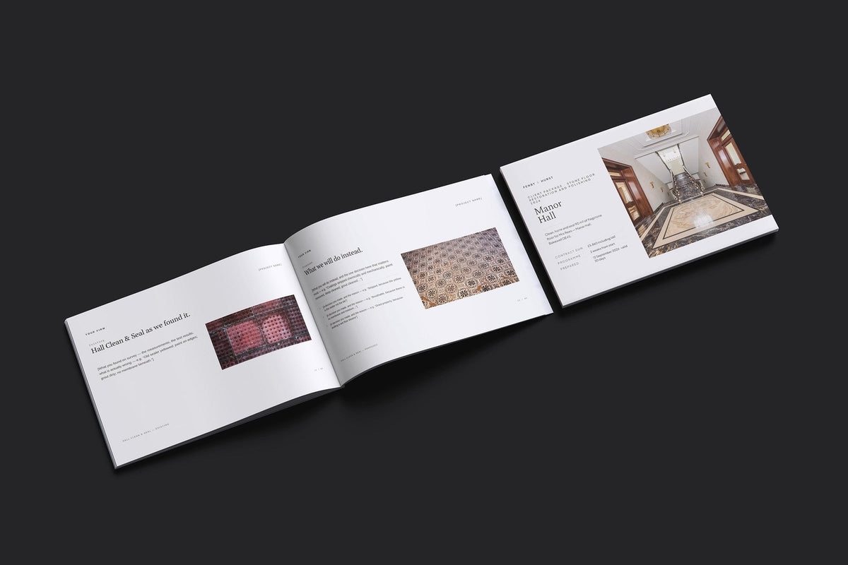 Stone Floor Restoration Client Package, Oat colourway, cover and inside spread mockup