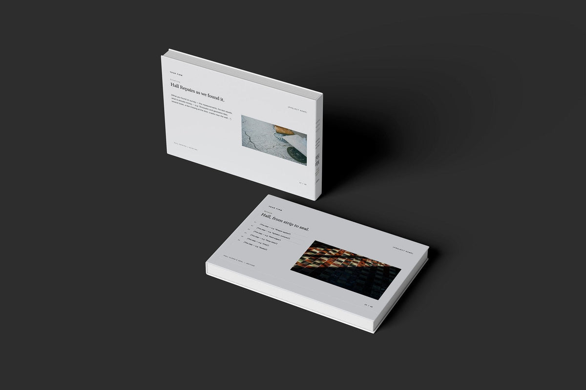 Stone Floor Restoration Client Package, Slate colourway, floating books mockup