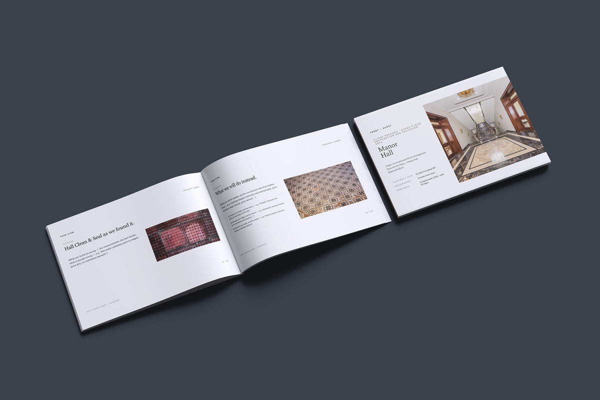 Stone Floor Restoration Client Package, Slate colourway, cover and inside spread mockup