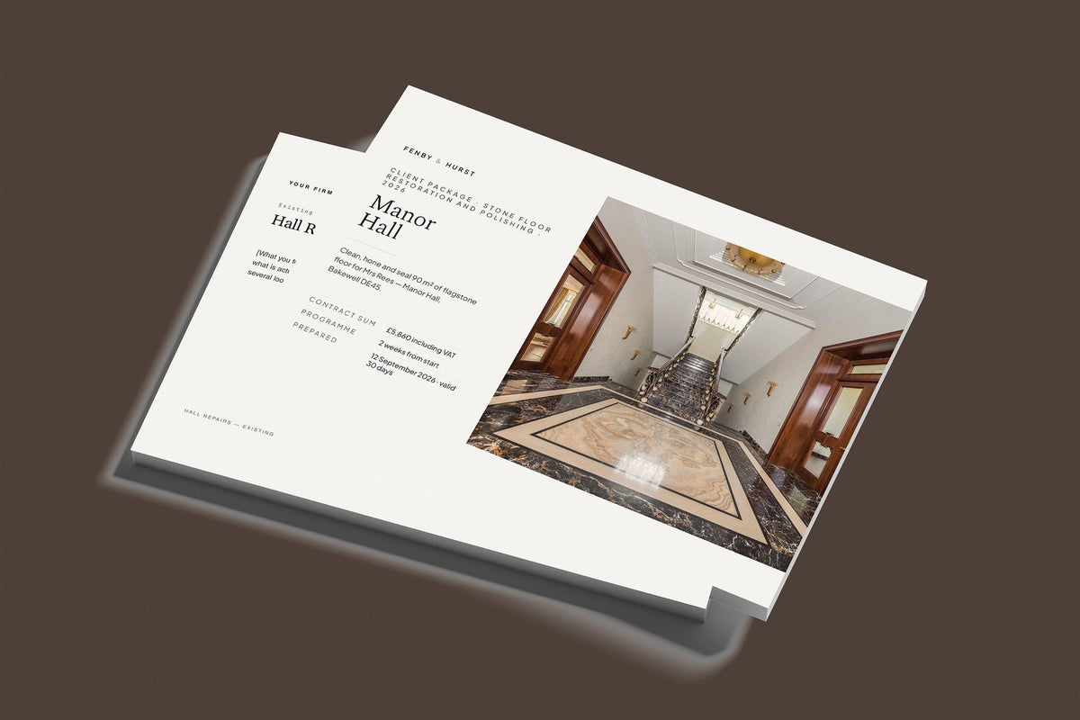Stone Floor Restoration Client Package, Standard colourway, stacked books mockup
