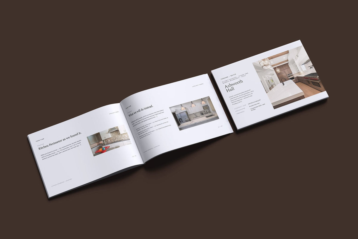 Stone Worktops Client Package, Slate colourway, cover and inside spread mockup