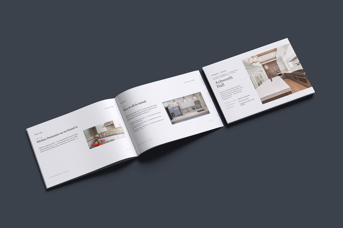 Stone Worktops Client Package, Standard colourway, cover and inside spread mockup