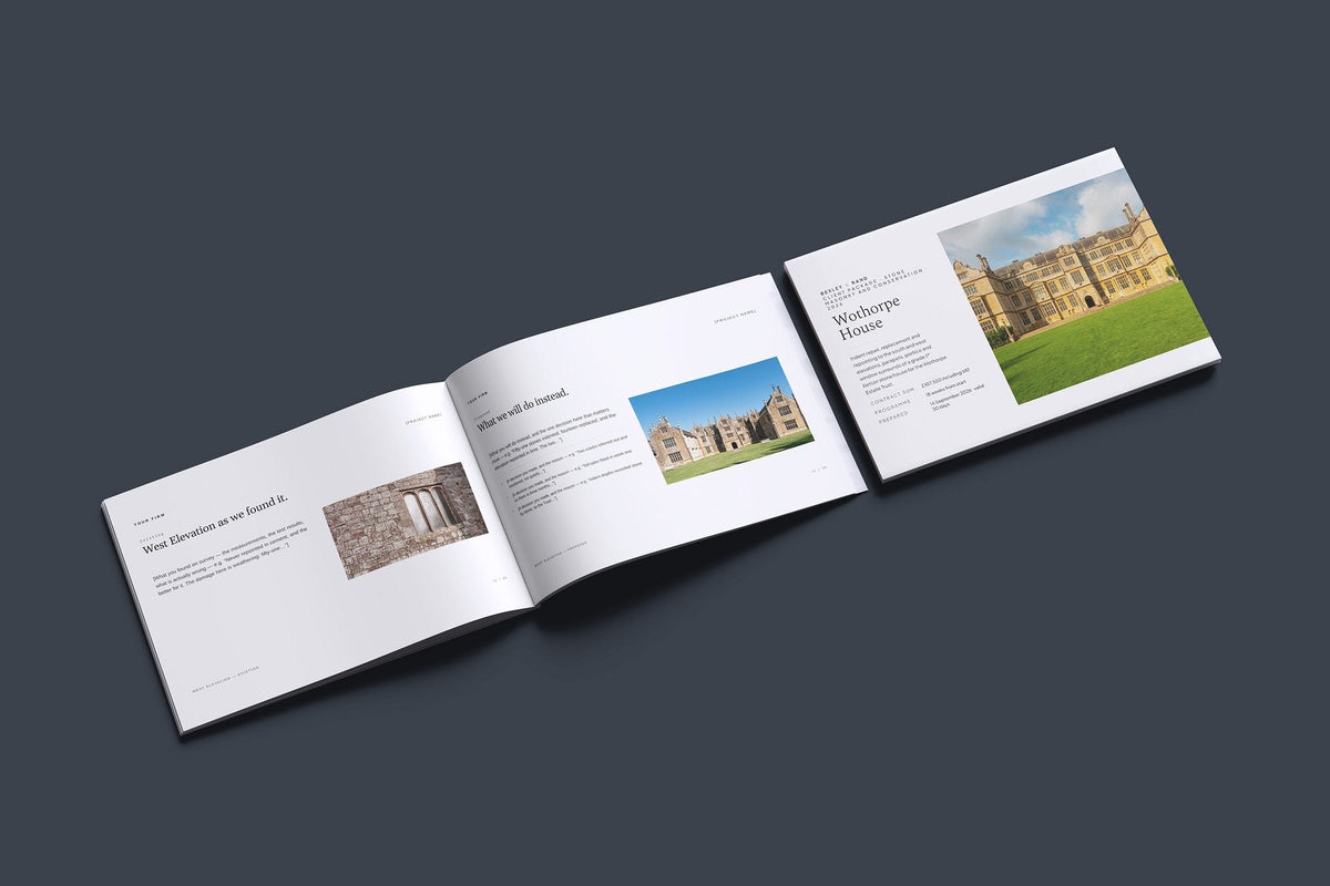 Stonemason Client Package, Ivory colourway, cover and inside spread mockup