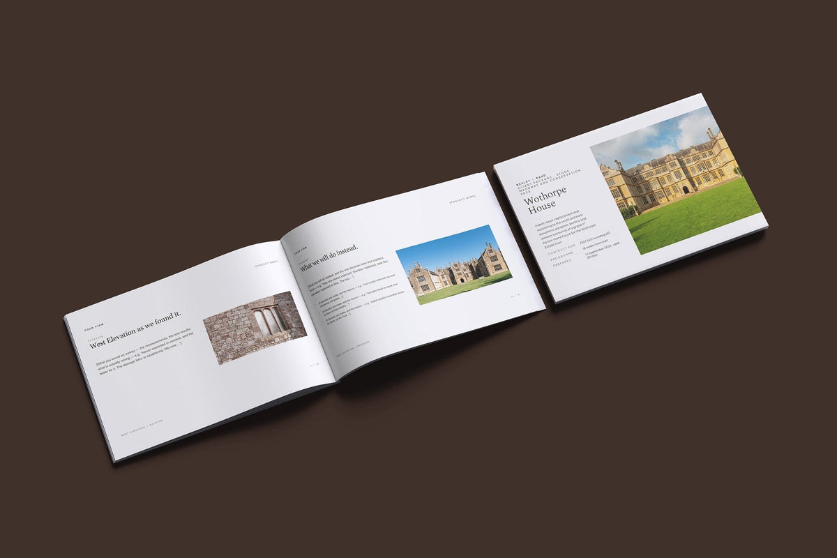 Stonemason Client Package, Oat colourway, cover and inside spread mockup