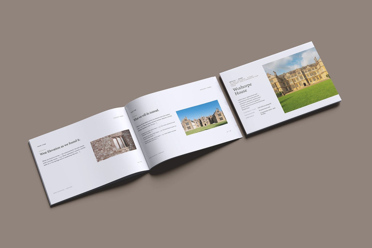 Stonemason Client Package, Slate colourway, cover and inside spread mockup