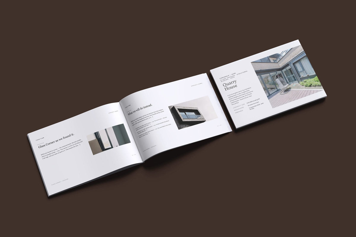 Structural Glazing Client Package, Ivory colourway, cover and inside spread mockup