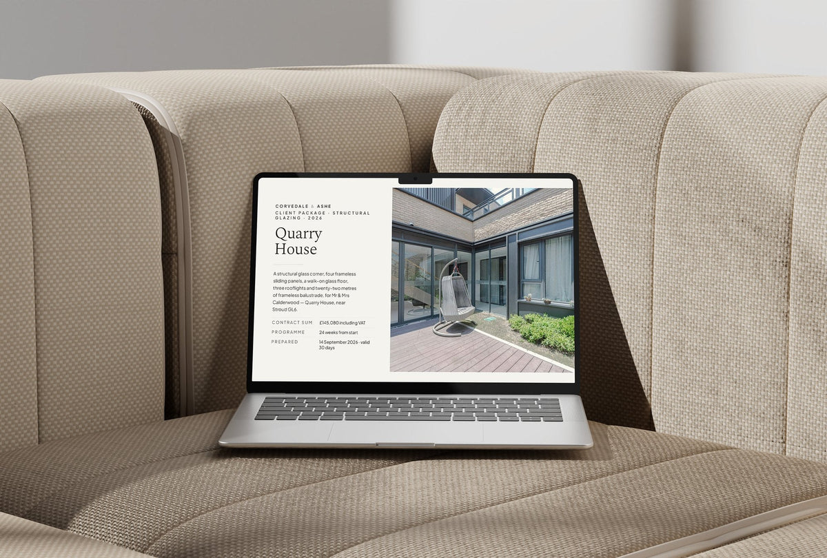 Structural Glazing Client Package, Oat colourway, laptop screen mockup
