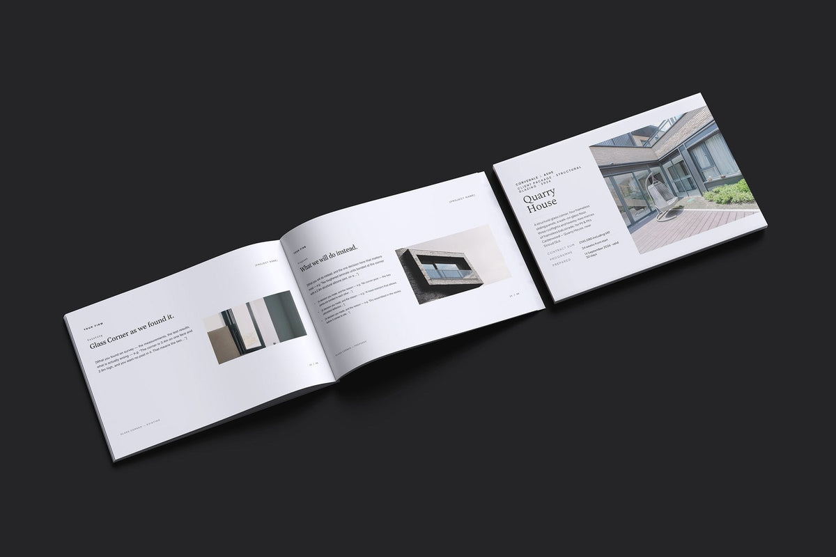 Structural Glazing Client Package, Slate colourway, cover and inside spread mockup