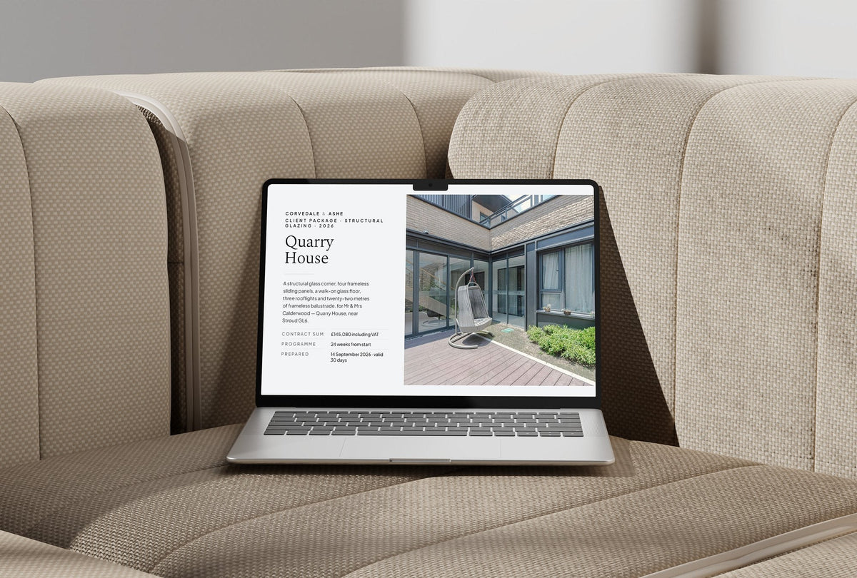 Structural Glazing Client Package, Slate colourway, laptop screen mockup