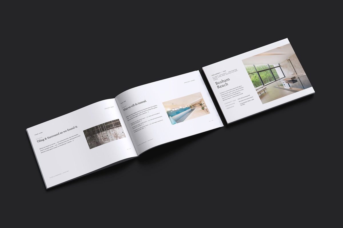 Swimming Pool Client Package, Ivory colourway, cover and inside spread mockup