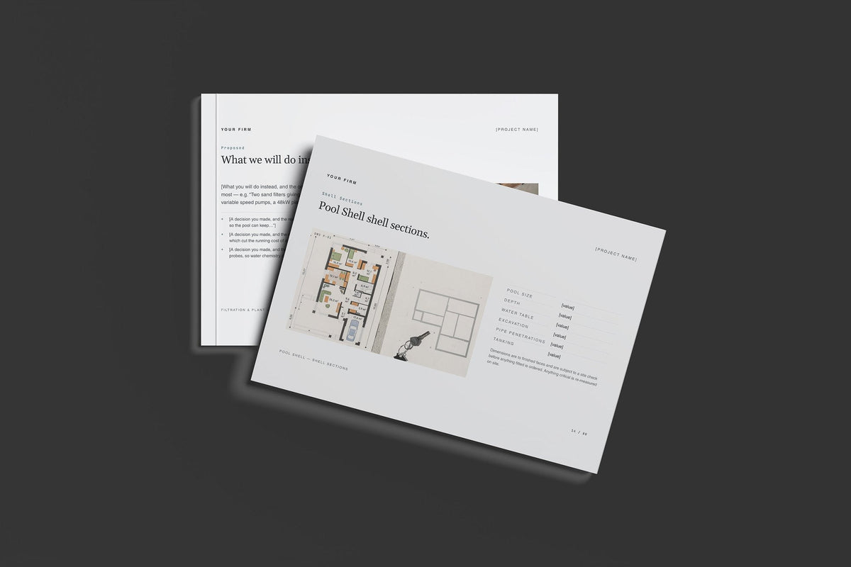Swimming Pool Client Package, Slate colourway, front and back cover mockup