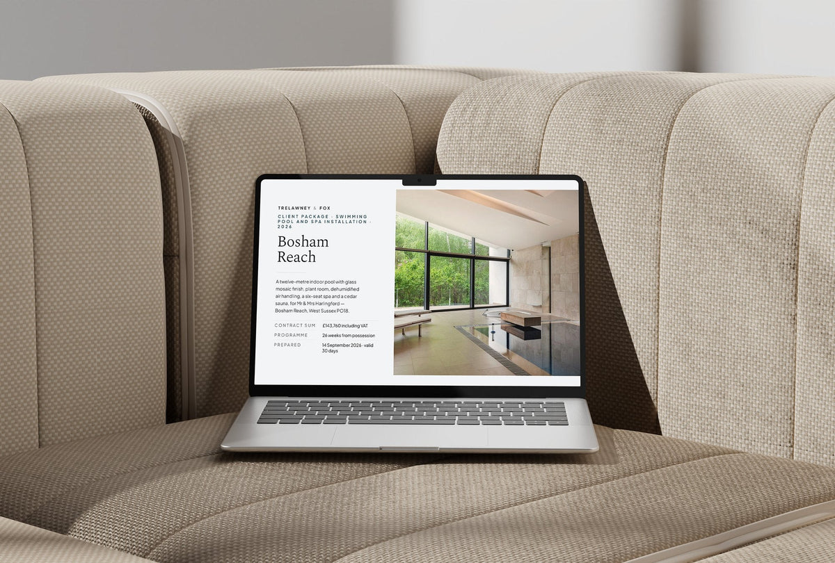 Swimming Pool Client Package, Slate colourway, laptop screen mockup