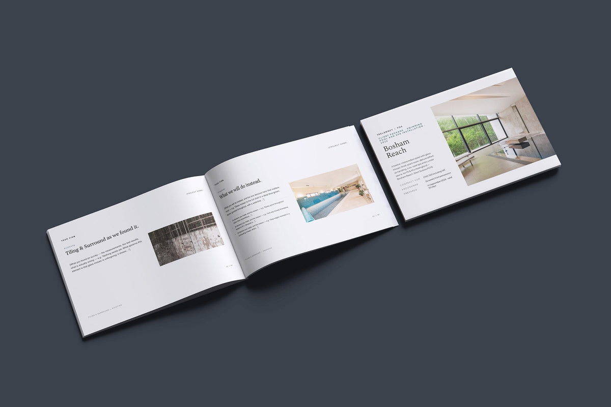 Swimming Pool Client Package, Standard colourway, cover and inside spread mockup