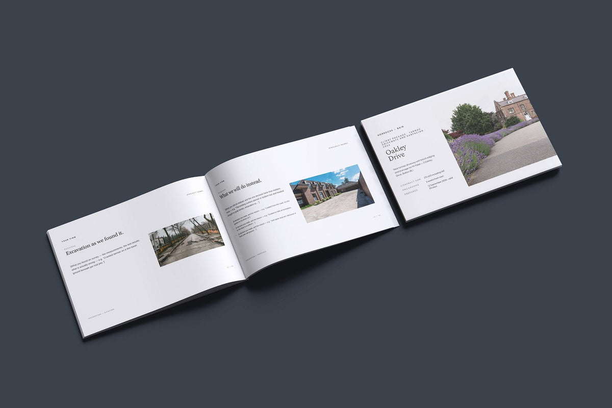 Tarmac Driveway Client Package, Ivory colourway, cover and inside spread mockup
