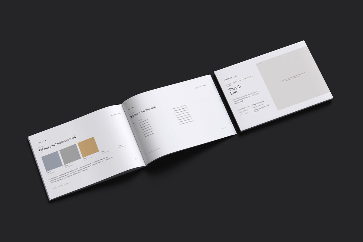 Thatching Client Package, Oat colourway, cover and inside spread mockup