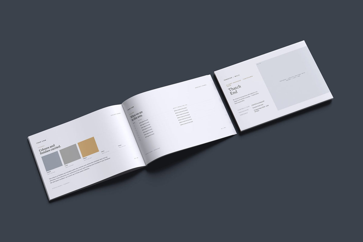Thatching Client Package, Slate colourway, cover and inside spread mockup
