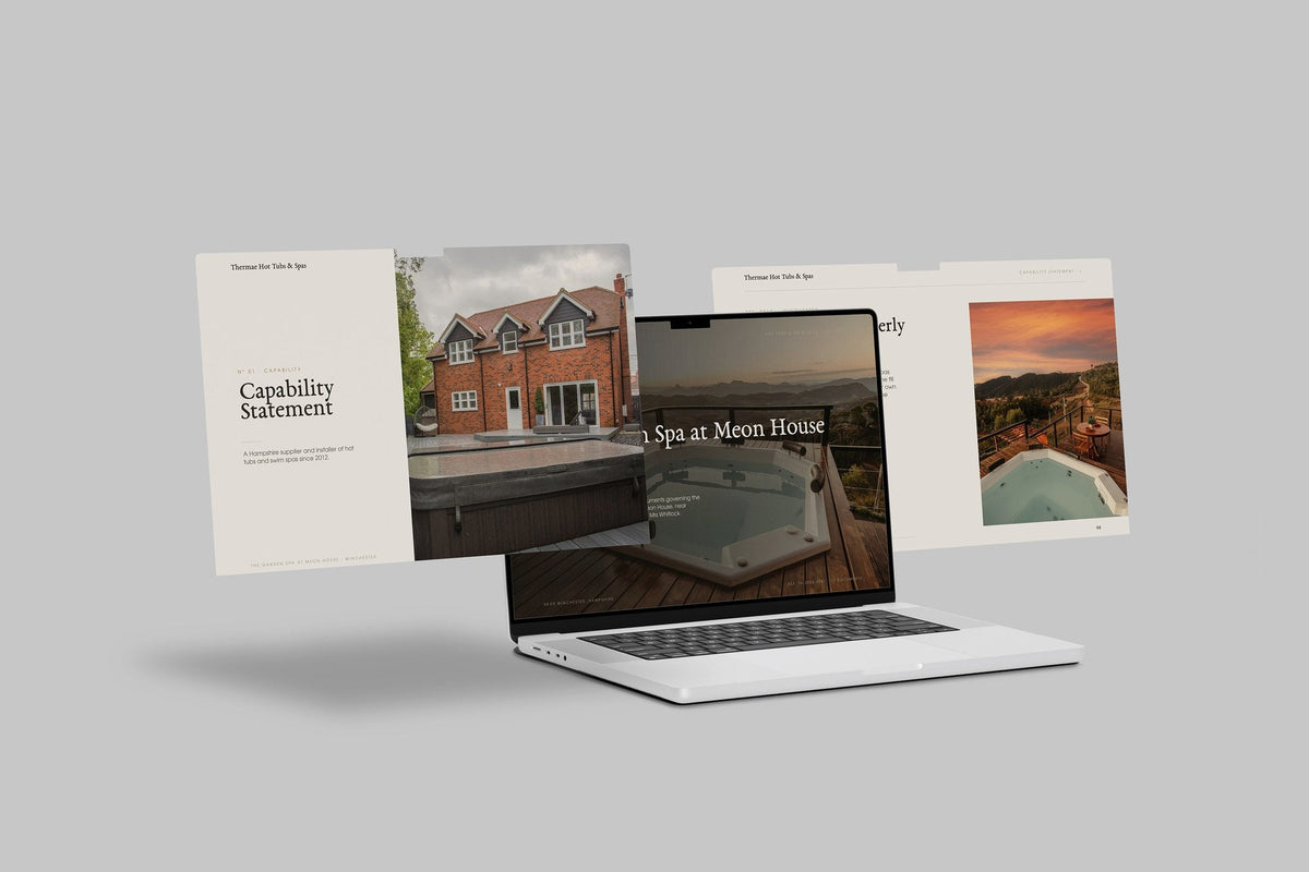 Hot Tub & Spa Installer Project Pack in PowerPoint, shown on laptop screens