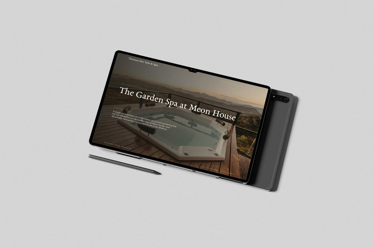 Hot Tub & Spa Installer Project Pack in PowerPoint, shown on a tablet
