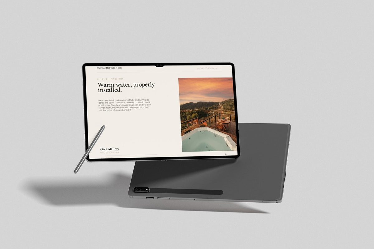 Hot Tub & Spa Installer Project Pack in PowerPoint, inside pages shown on a tablet