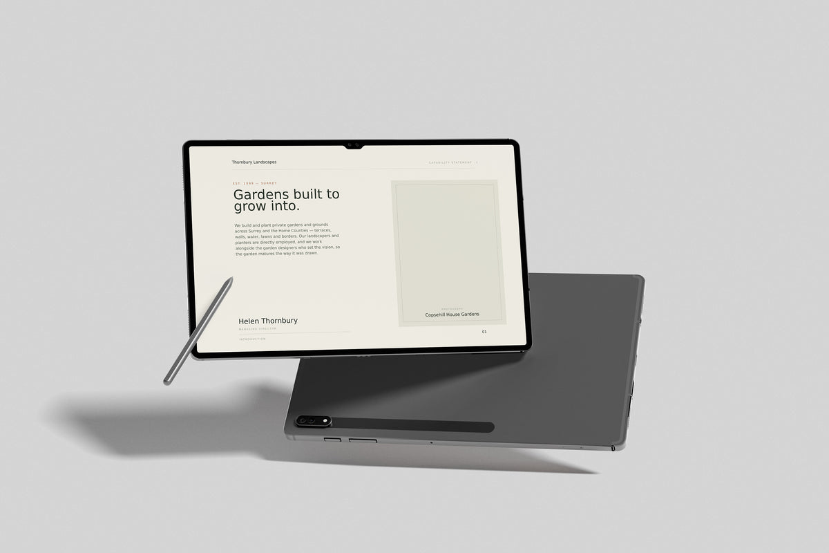 Landscape Gardener Project Pack in PowerPoint, inside pages shown on a tablet
