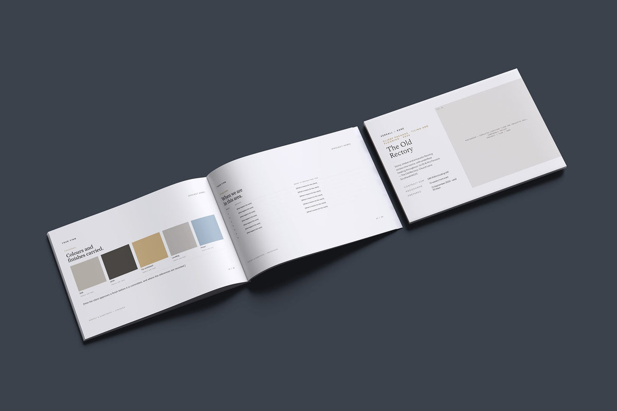 Tiler Client Package, Standard colourway, cover and inside spread mockup