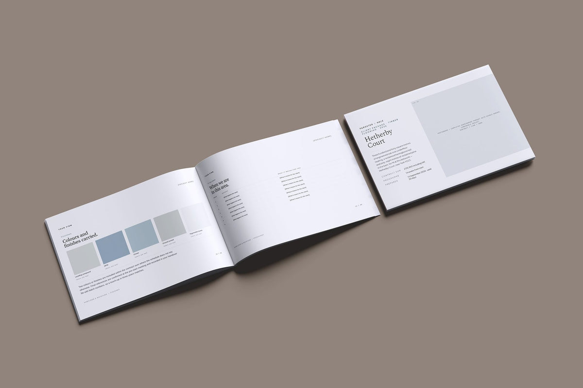 Timber Flooring Client Package, Slate colourway, cover and inside spread mockup