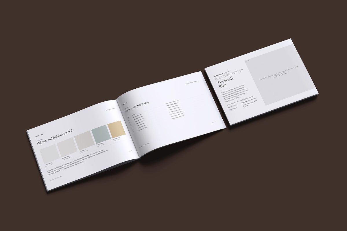 Timber Frame Client Package, Ivory colourway, cover and inside spread mockup
