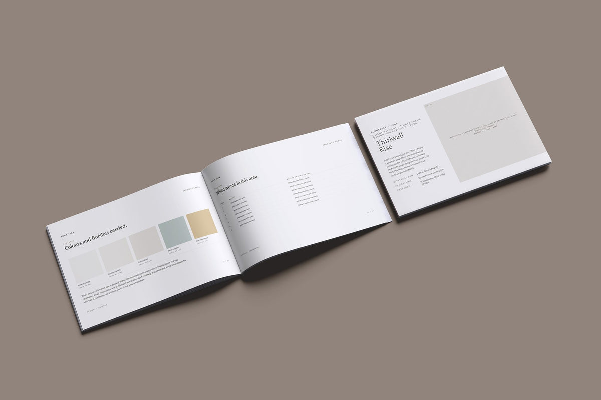 Timber Frame Client Package, Oat colourway, cover and inside spread mockup