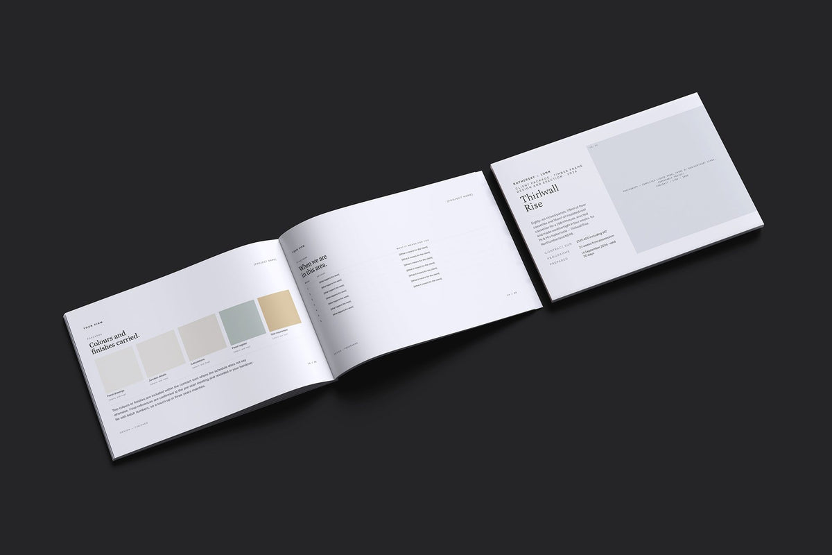 Timber Frame Client Package, Slate colourway, cover and inside spread mockup