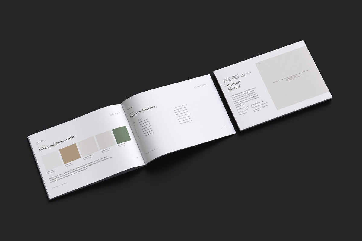 Timber Treatment Client Package, Oat colourway, cover and inside spread mockup