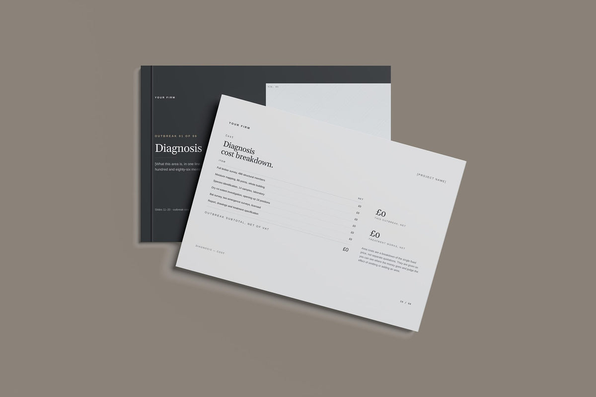 Timber Treatment Client Package, Slate colourway, front and back cover mockup
