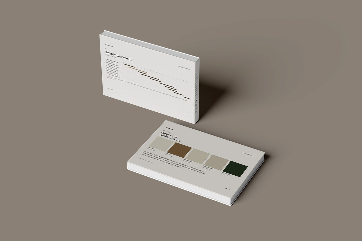 Timber Treatment Client Package, Standard colourway, floating books mockup