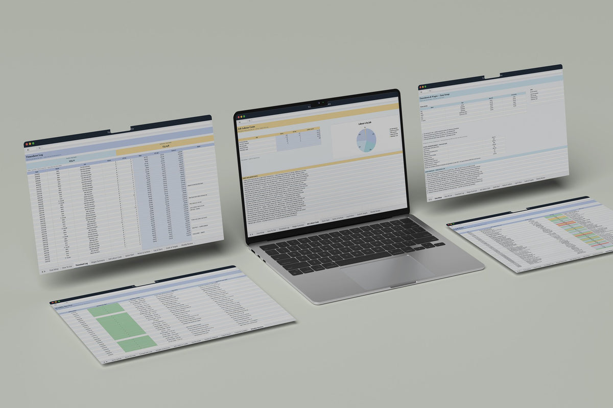 Timesheets and Wages Excel template, Job Labour Costs tab on a laptop screen