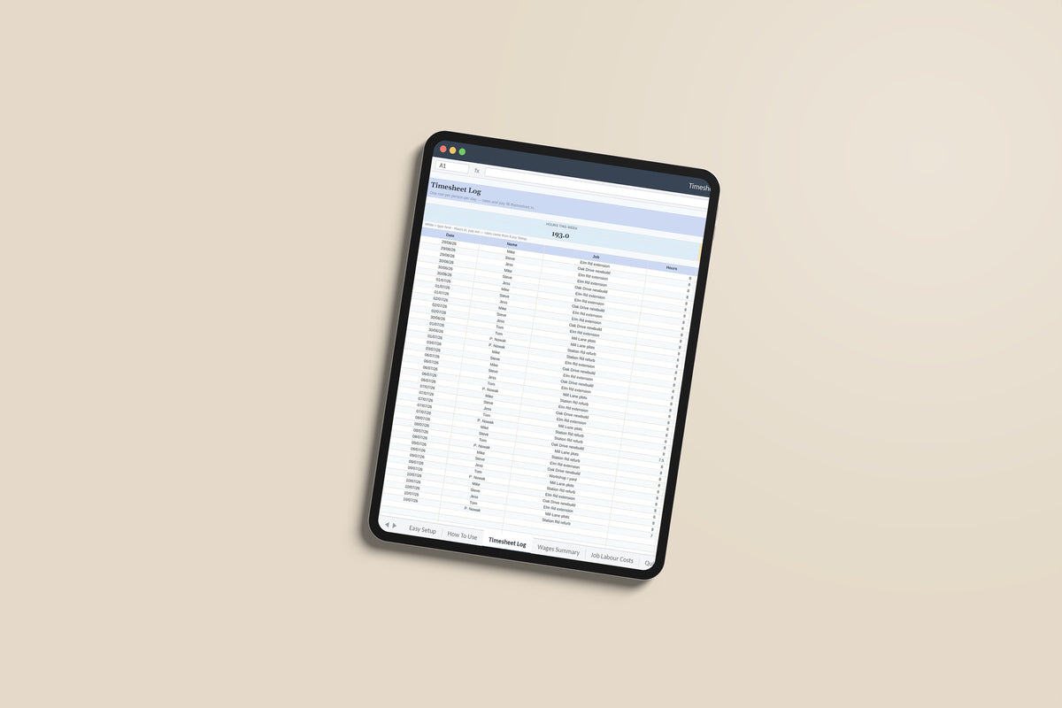 Timesheets and Wages Excel template on an iPad Pro