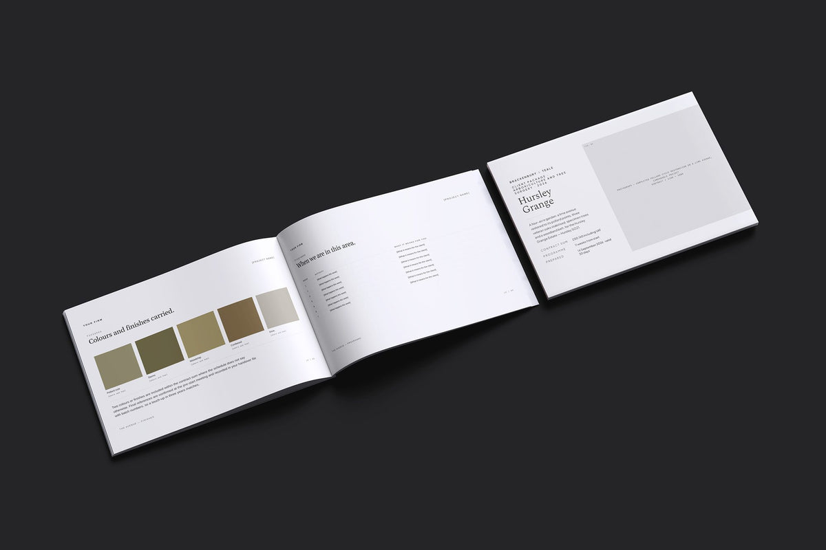 Tree Surgery Client Package, Ivory colourway, cover and inside spread mockup