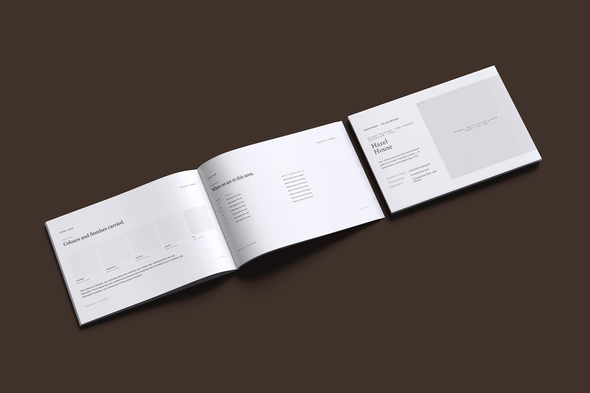 Two Storey Extension Client Package, Ivory colourway, cover and inside spread mockup