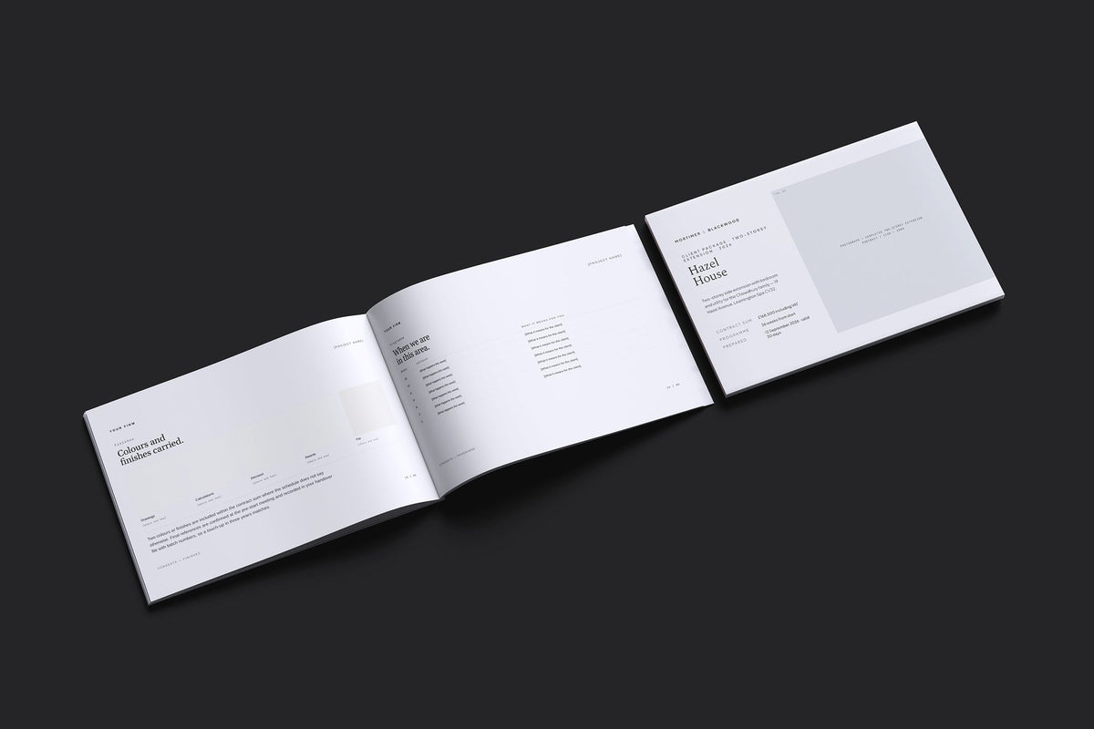 Two Storey Extension Client Package, Slate colourway, cover and inside spread mockup