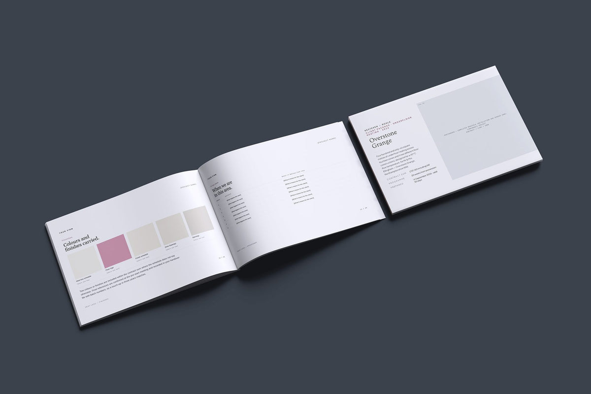 Underfloor Heating Client Package, Slate colourway, cover and inside spread mockup