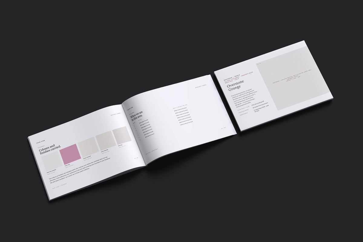Underfloor Heating Client Package, Standard colourway, cover and inside spread mockup